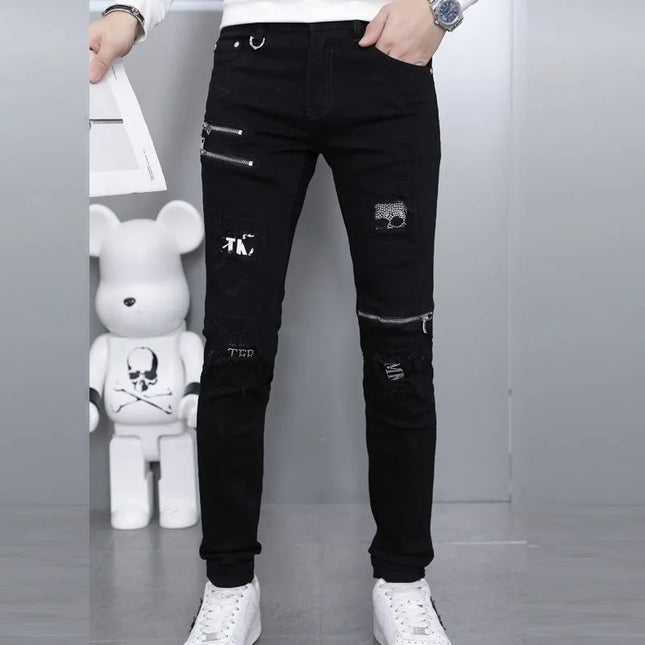 2024 Frühling und Herbst Mode Schwarze zerrissene Stretch-Jeans Herren Lässig Schlank Atmungsaktiv Hochwertige Hose mit geradem Bein 28-36