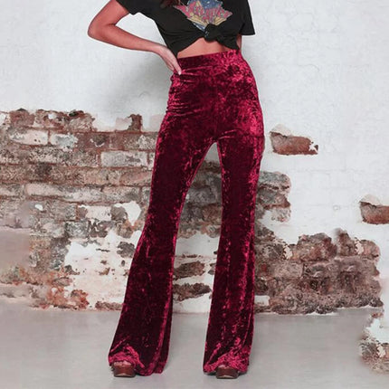 Vintage Velvet Long Flare Pants Women Korean Streetwear Sexy High Waist Trousers Lady Casual Velour Red Black Bell Bottom Pants