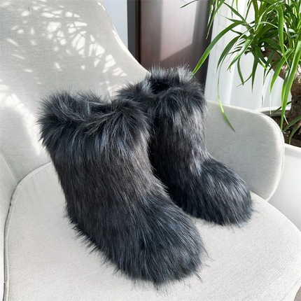 Women Faux Fur Fluffy Plush Furry Boots Comfortable Female Snow Boots Fur Shoes Outdoor Mid Calf Boots