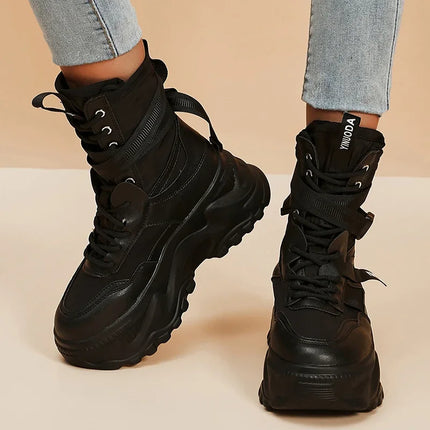 White Chunky Platform Motorcycle Boots Women Buckle Lace Up Thick Bottom Ankle Boots Woman 2024 Autumn Fashion Vulcanized Shoes