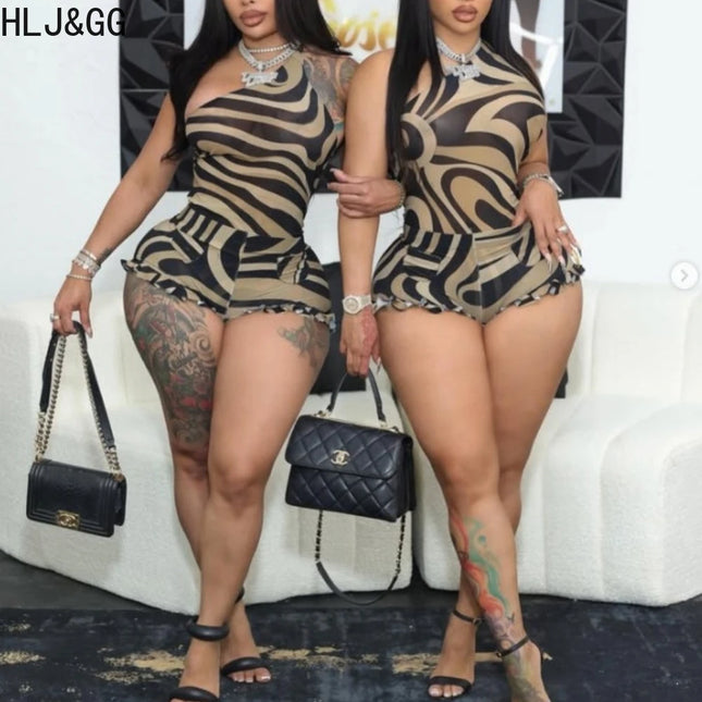 HLJ&GG Fashion Zebra-Print Mesh-Transparente Bodysuits Zweiteilige Sets Damen Ärmelloses Slim Top + Rüschenshorts Outfits Streetwear