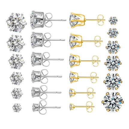 1 Pair Gold Sliver Color Stainless Steel Clear Cubic Zirconia Stud Earrings for Men Women Daily Wear Jewelry Sizes 3-8mm