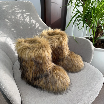Women Faux Fur Fluffy Plush Furry Boots Comfortable Female Snow Boots Fur Shoes Outdoor Mid Calf Boots