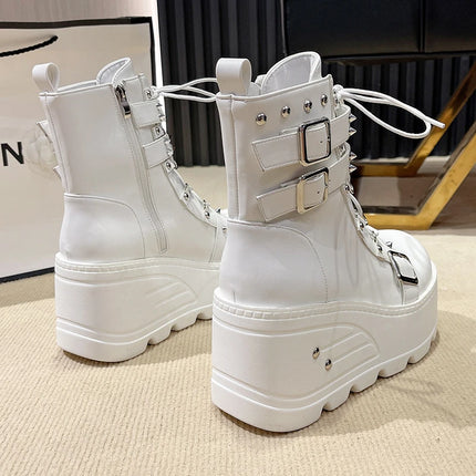 Platform Boots Goth for Women Lace up Wedge Heel Buckle Ankle Booties Studded Short Motorcycle Boots with Zipper White
