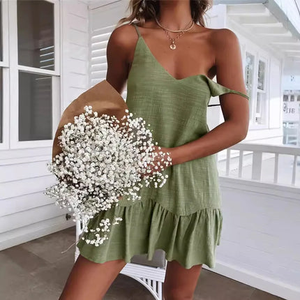 Women Slip Loose Dress Summer V neck Sleeveless Solid Yellow Vacation Beachwear Mini Pleated Ruffle Party Vestidos KYMY-LH0062
