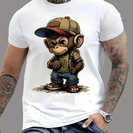 Men's Summer 100% Cotton round Neck T-Shirt Casual Loose Fit Cartoon Monkey Pattern Printed Short Sleeve Fashionable Sports Tee