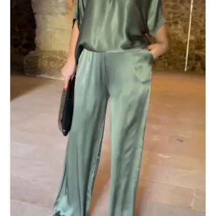 Spring Summer Fashion Solid Smooth Satin Two Piece Sets New Women's V Neck Half Sleeved Top And Long Pants Casual Loose Outfits