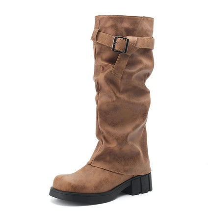 Big size 43 High Quality Wasteland Vintage Brown Maillard style Boots Retro Black Height increased Shoes Women Knee High Boots