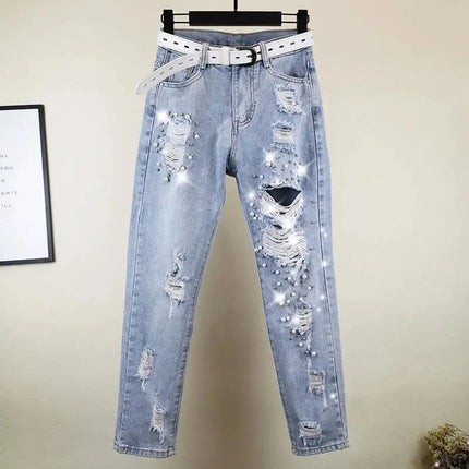 New Summer 2026 Women's Ripped Jeans with Heavy Beaded and Rhinestone,Ladies European Style High Waist Distressed Cropped Pants