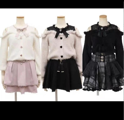 Autumn and Winter Furry Off-shoulder Long-sleeved Sweater Japanese Sweet Cute Girl Bow Versatile Outer Wear Knitted Pullover