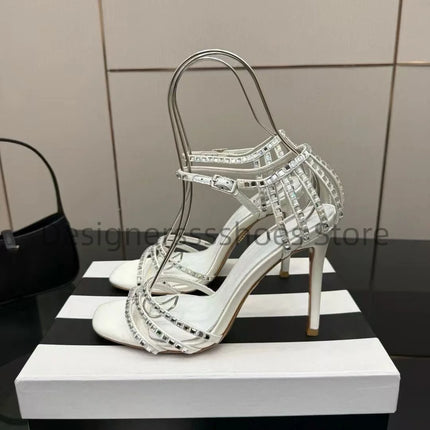 Round Toe Rhinestone High Heel Sandals 10.5CM Luxury Crystal Women Party Dress Sandals Sheepskin Lining Italian Genuine Leather