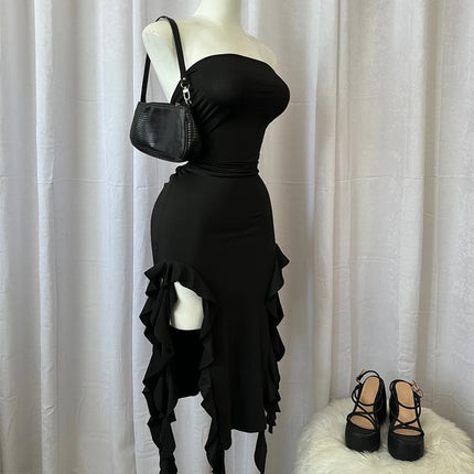 Strapless Sexy Floral Fold Hemline High Slit Mini Dress Solid Backless Sleeveless Black And Pink Party Dress