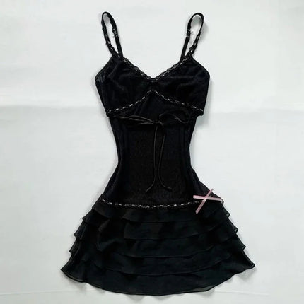 Harajuku Retro Y2K E-Girl Casual Dress Sexy Slim Chic Graphic Print Lace-Up Halter Neck Dresses Goth Grunge Fairycore Streetwear