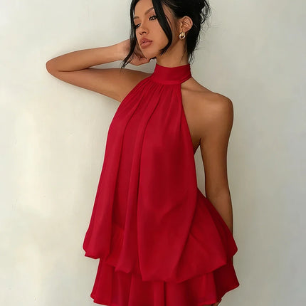 Women Halter Neck Backless Tie Mini Dress Summer Sleeveless Chiffon Ruffle Short Dresses Sexy Club Party Beach Vacation Outfit