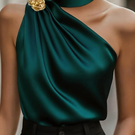 Chic Halter One Shoulder Satin Draped Dark Green Blouse, Sleeveless Top For Party & Office Women