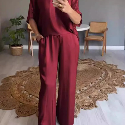 Spring Summer Fashion Solid Smooth Satin Two Piece Sets New Women's V Neck Half Sleeved Top And Long Pants Casual Loose Outfits