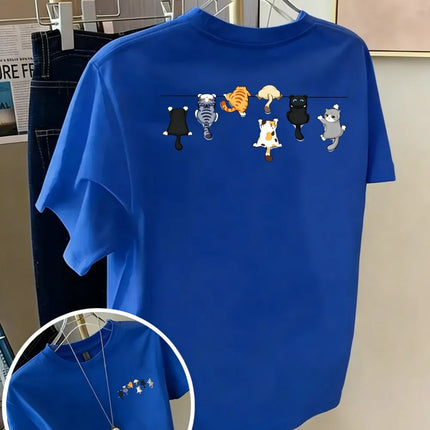 Cartoons Cats Prints T-Shirts Summer Womens Cotton T Shirts Basic O-Neck Oversized Short Sleeve Tops Casual Street Woman Clothes