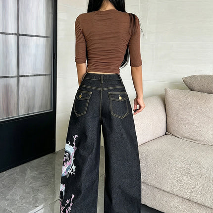 American High Street Vintage Dragon Totem Print Women's Pants, Trendy And Fashionable Black Versatile Wide-Leg Jeans For Women