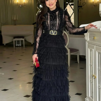 Elegant Cake Dress Spring Clothing Women Full Sleeve O-neck Maxi Long Dresses Evening  Party Club Ball Gown Mesh Dress Vestidos