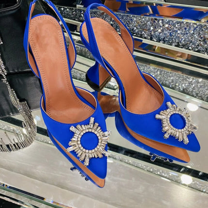 2025 European and American Women's New High Heel Sandals Sunflower Water Diamond Buckle High Heels Pointed Heel Satin Shoes