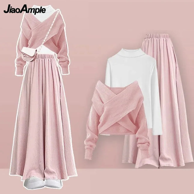 Damen Herbst/Winter 2026 Neue Mode im Partnerlook Koreanischer Eleganter Strickpullover + Unterhemd + Lässige Rockhose 3-teiliger Anzug