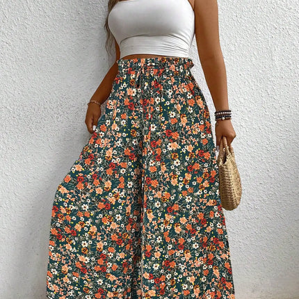 Plus Size Women's Clothing Loose Comfortable Commuting Casual Style Summer Printed Long Pants Elastic Waist Drawstring Draped Wide Leg Pants