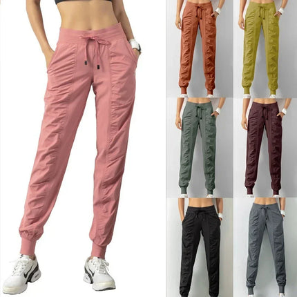 Sweatpants Fabric Drawstring Running Sport Joggers Women Quick Dry Athletic Gym Fitness with Two Side Pockets Exercise Pants