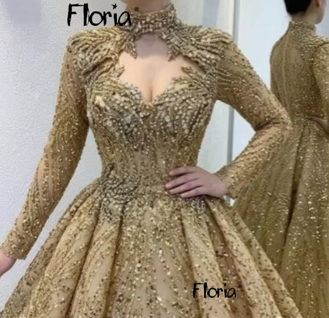 Goldene Damen Hochzeitskleid Prinzessin Ballkleid Luxus 2026 Lange Ärmel Brautkleider Muslimische Bescheidene Hochzeitskleider Maßgeschneiderte Perlen