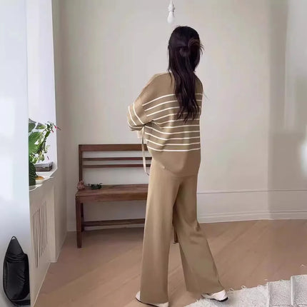 Women Two Piece Set Striped Knit Tops V Neck Full Sleeve Loose Casual Pullover Wide Leg Pants High Waist Elegant Autumn Winter