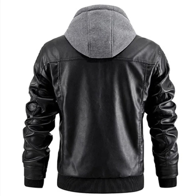 Chaqueta de cuero PU para hombre, con capucha, de motociclista, corte entallado, casual, para hombre, otoño invierno, cortavientos, sombrero desmontable, ropa exterior de cuero para motociclista
