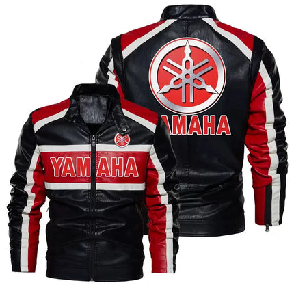 New Yamaha windproof motorcycle leather jacket with zipper style, featuring contrasting color elements, men's motorcycle jacket
