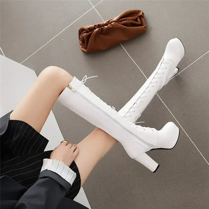 Big Size Women Knee-high Platform Boots 10cm High Chunky Heel Black Red Sexy Party Club Lady Round Toe Lace-up Zipper Long Boots