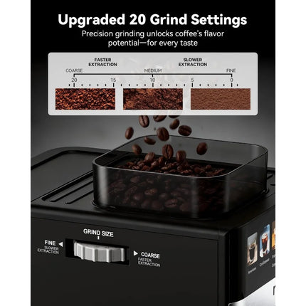 20Bar Compact Espresso Coffee Maker with Grinder and Milk Frother for Home Cappuccino Latte Americano and Iced Cold Brew