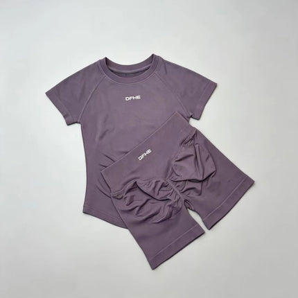 2 Piece Athletic Tracksuit, Seamless Short Sleeve Yoga Wear, High Stretch Running Shorts, Gym Training Outfit