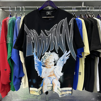 Fashion Brand Mixed Emotion Embroidery Rhinestone American Streetwear Angel Print Hot Diamond Top Tee Men Women Loose T shirts