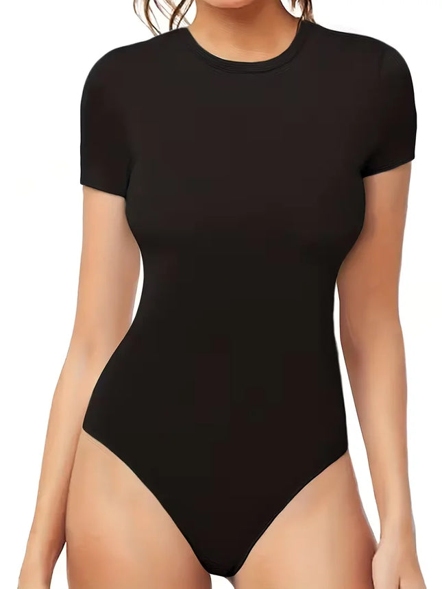 Women Solid Color Slim Fit Short Sleeve Bodysuit Summer Crew Neck Adult Gymnastics Dance Tops Jumpsuit - product image 2