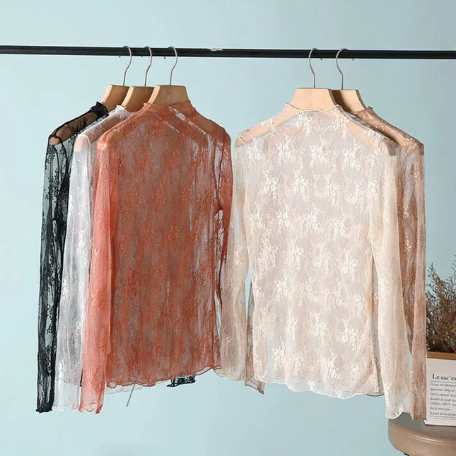 New Women Floral Lace Shirt Spring Autumn Long Sleeve Sexy Mesh Bottoming Shirts Mock Neck Blouse - product image 2