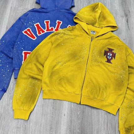 E Washed BlackHole Set with Diamonds Fashion  Men 1:1 High Street Women Streetwear American Streetwea zipper VA Hoodies