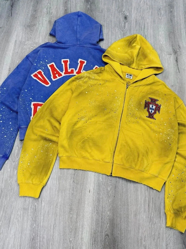Conjunto de BlackHole Lavado E con Diamantes de Moda para Hombre 1:1 de Alta Costura para Mujer, Ropa de Calle Americana, Sudaderas VA con Cremallera