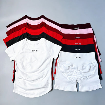 2 Piece Athletic Tracksuit, Seamless Short Sleeve Yoga Wear, High Stretch Running Shorts, Gym Training Outfit