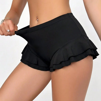 Women High Waist Double Layer Ruffle Trim Casual Mini Skort 2026 Summer Y2K Solid Black Stretch Soft Fabric Workout Streetwear S