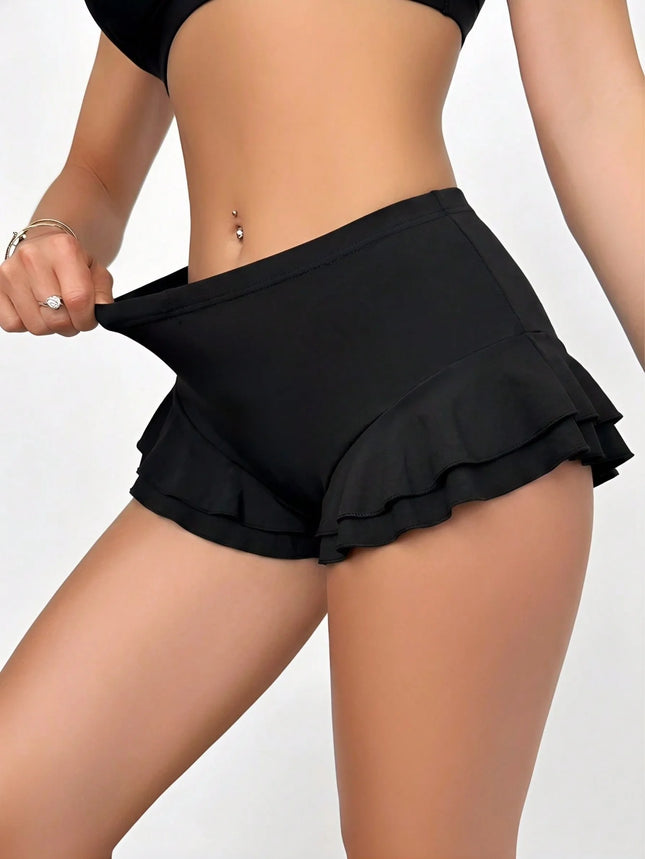 Women High Waist Double Layer Ruffle Trim Casual Mini Skort 2026 Summer Y2K Solid Black Stretch Soft - product image 2