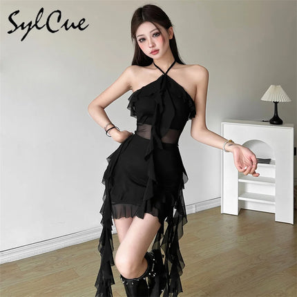 Sylcue 2024 Spring New Sweet Gentle Sexy Mature Beautiful Elegant Party Queen Women'S Short Neck Ruffled Tassel Dress