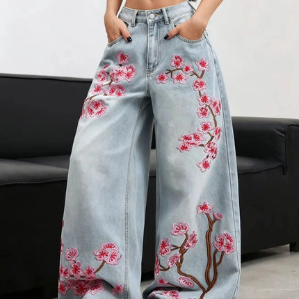 American high waisted wide leg jeans light blue washed pink floral embroidery with loose hanging edges