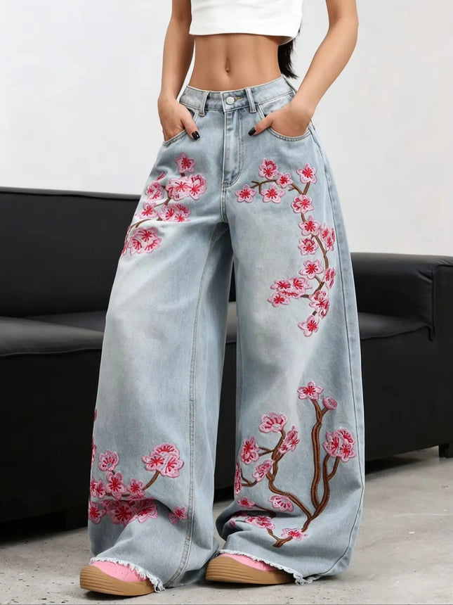 American high waisted wide leg jeans light blue washed pink floral embroidery with loose hanging edges