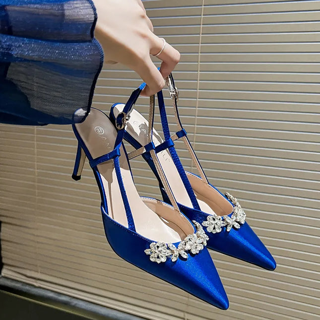 High Heels Sandals, Women's Rhinestone Toe, Spring and Summer Pointed Satin White Wedding Shoes, Bridesmaid Shoes