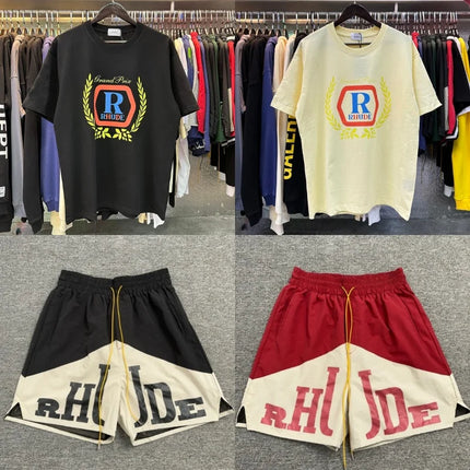 Black Vintage RHUDE Racing Laurel Wreath T-shirt R Logo Grand Prix Crew Neck Cotton RHUDE Casual Streetwear Short Sleeve Top Tee