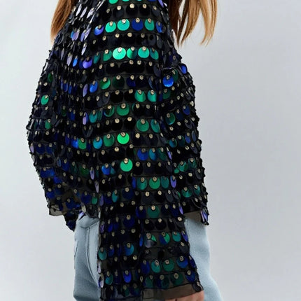 Women Sequin Long Sleeve Tops Sheer Mesh Bell Sleeve Shirt Blouse Y2K Glitter Sparkly Mesh Crop Top Streewear