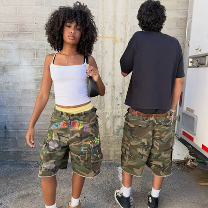 Y2K American Vintage Camouflage Pocket Denim Shorts Men Hip Hop Style Holes Trendy Streetwear Unisex Baggy Jeans Shorts Pants