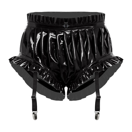 Women Wet Look Pu Leather Shorts Sexy Ruffle Ruched Booty Shorts High Waist Hot Pants Slim Fit Shorts with Garter Rave Clubwear